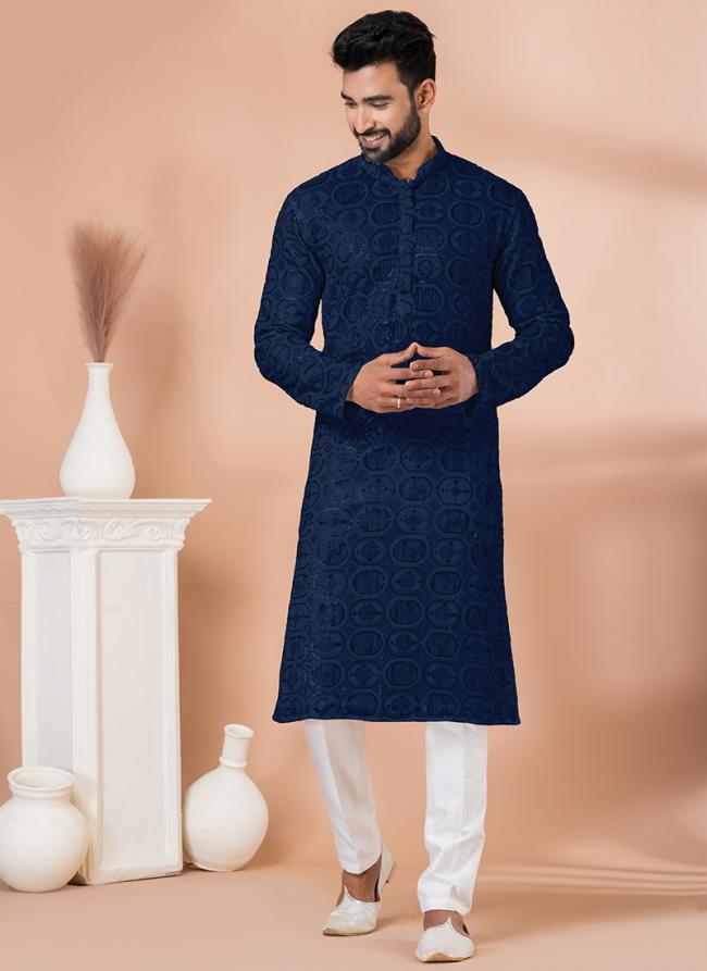 Viscose Navy Blue Festival Wear Sequins Work Readymade Kurta Pajama